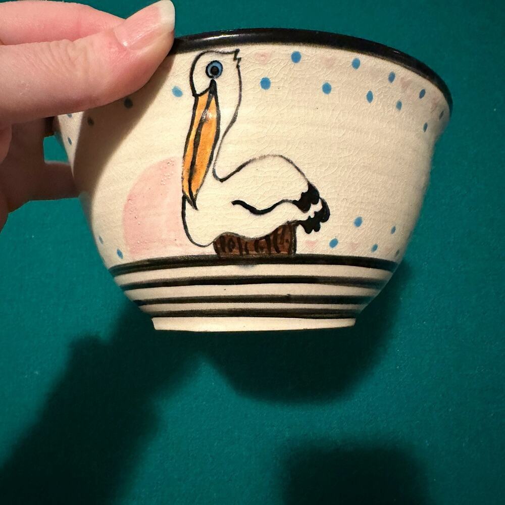 Vintage 1990 Hand-Painted Pelican Ceramic Bowl – Signed “Spirit 90”